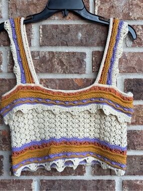 JUNE & HUDSON Crochet Crop Tank in Cream, Mustard & Lavender